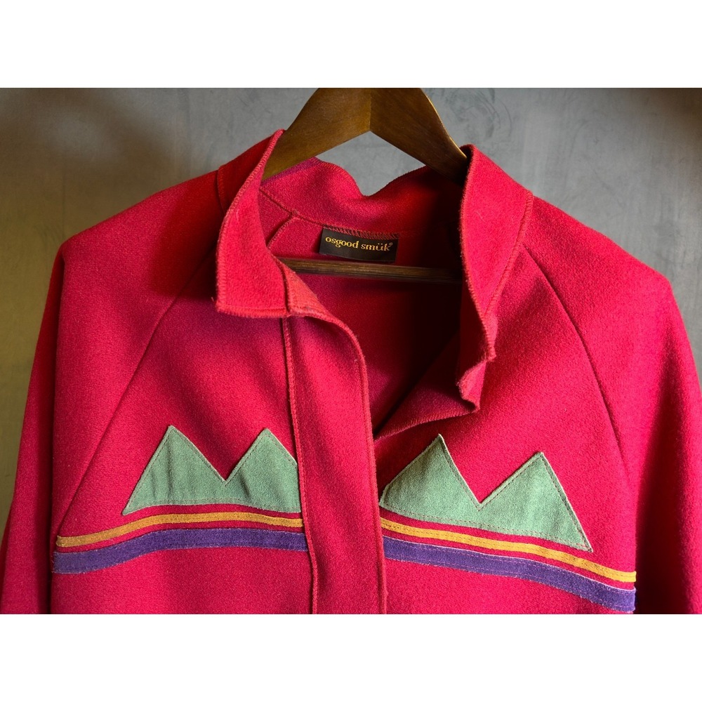 Osgood Smuk Womens Red Wool Blend Suede Tribal Design Face Art to Wear Jacket OS - Picture 3 of 16